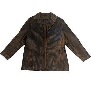 Excelled Collection Brown Genuine Leather Jacket Sz Lg Distressed Bomber VTG Y2K